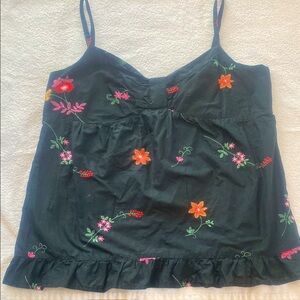 LOFT Black Camisole with Floral Embroidery and Ruffled Detail